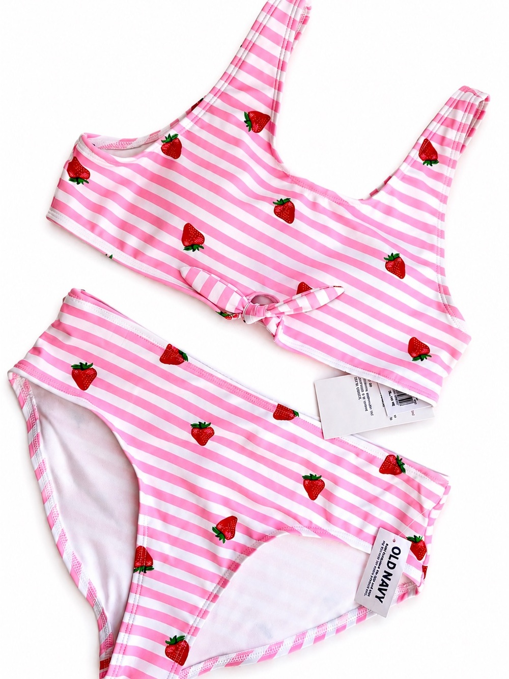 Old Navy Neon Pink & White Striped Strawberry 🍓 Swim Bikini NEW Girls XL 14-16